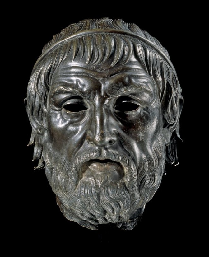Bronze head from a statue, perhaps of Sophocles. This head represents a man of middle age, with a thick beard, slightly thinning hair and a severe expression, enhanced by a deeply wrinkled brow. His hair is bound by a rolled band, like a diadem of a type usually associated with Hellenistic rulers, rather than philosophers or playwrights © Trustees of the British Museum